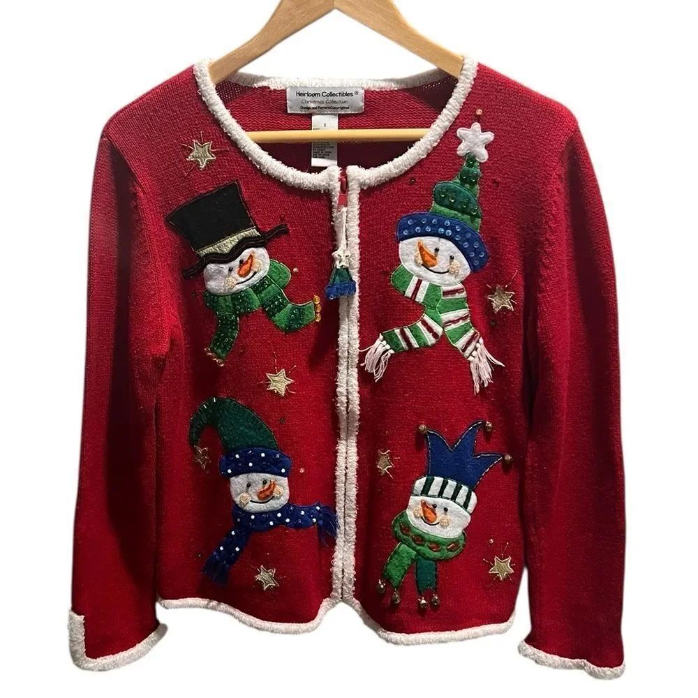 🎄 Heirloom Collectibles Christmas Snowman Cardigan Sweater – Women’s Small